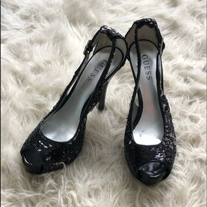 Guess Black Sequin Back Strap Peekaboo Toe Size 7